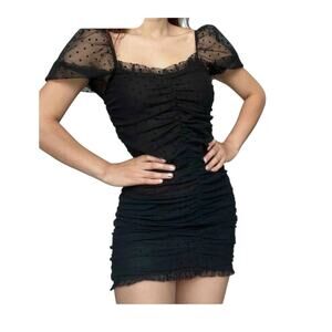 Black Polka Dot Mesh Ruched Mini Dress Coquette Whimsigoth XL
